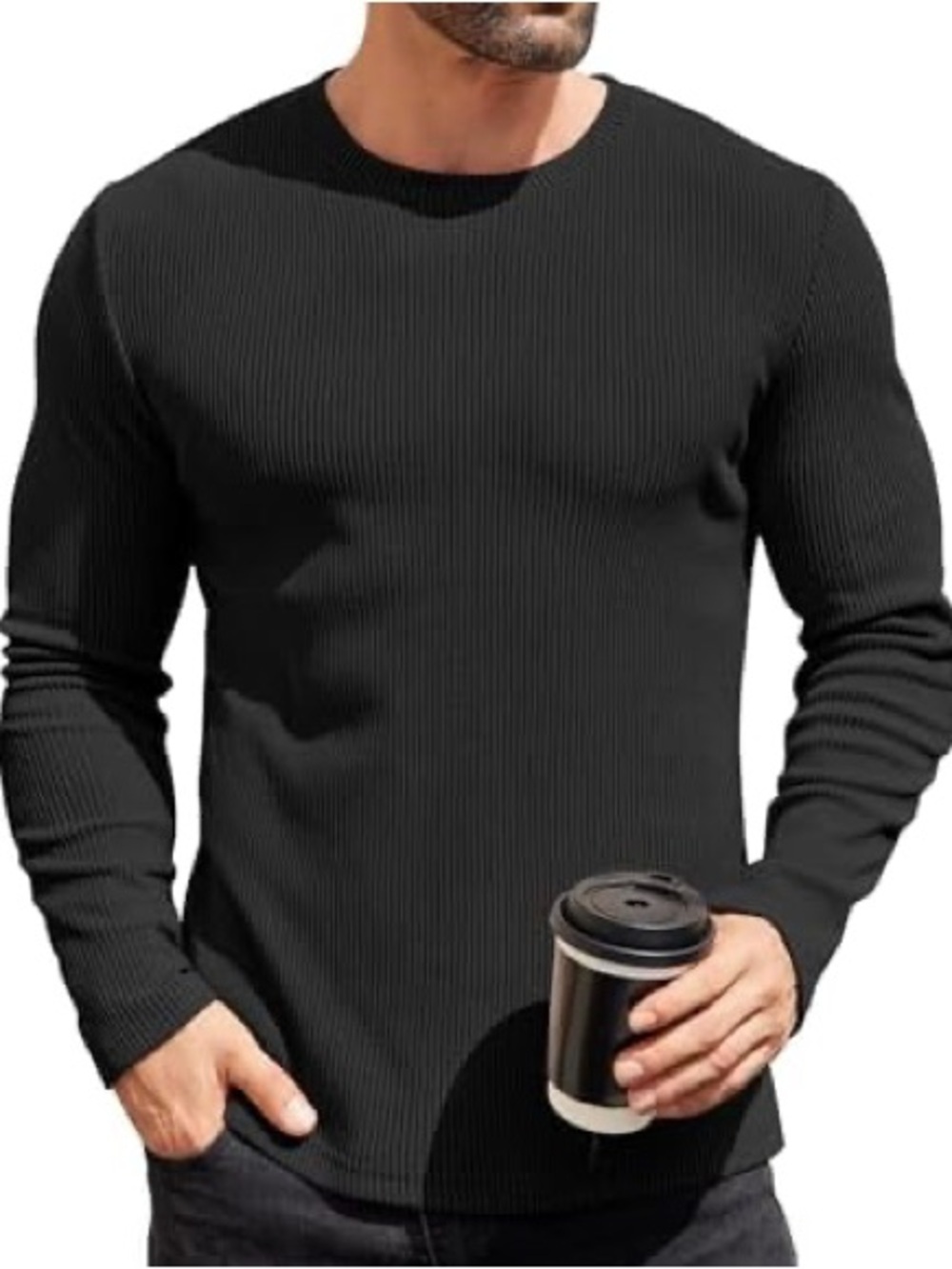 Men's Black Basic Thermal Waffle Knit Slim Fit Sweater S